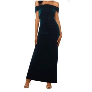 XSCAPE Hunter Green Off The Shoulder Velvet Back Slit Gown